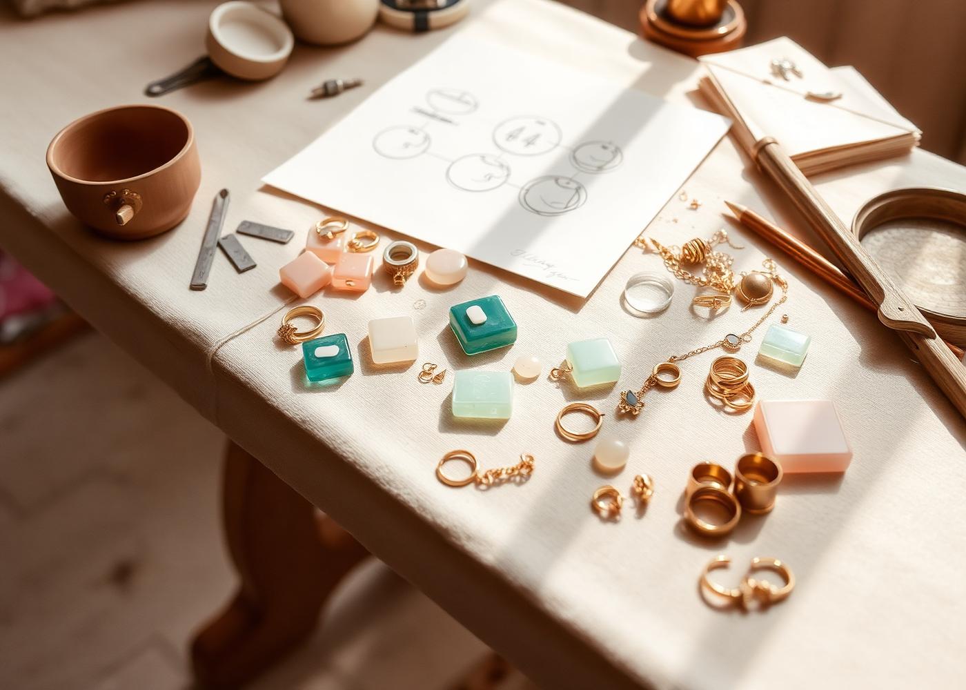 Jewelry designer's atelier workbench with resin samples and gold findings