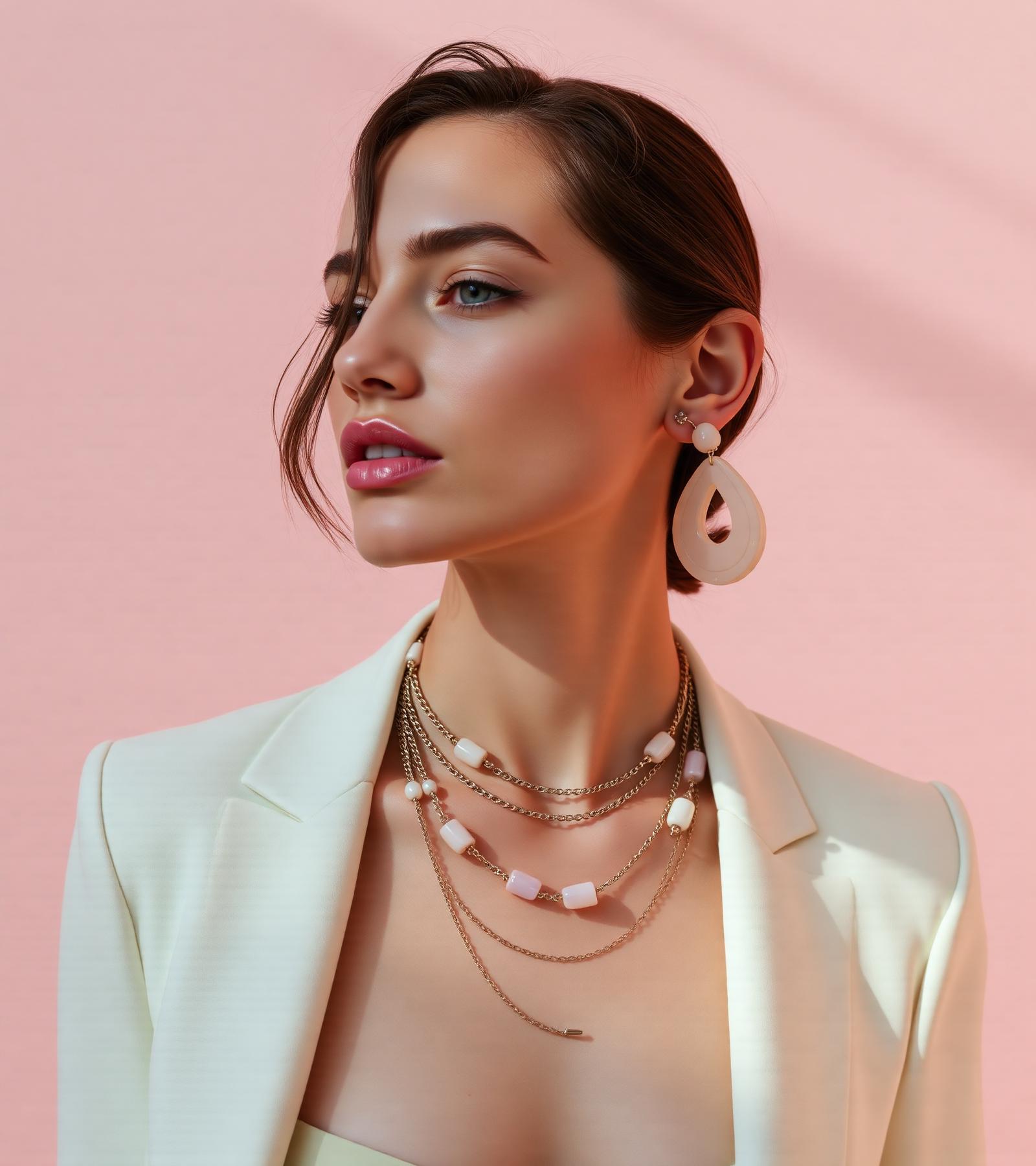 Model wearing sculptural earrings and layered gold chains